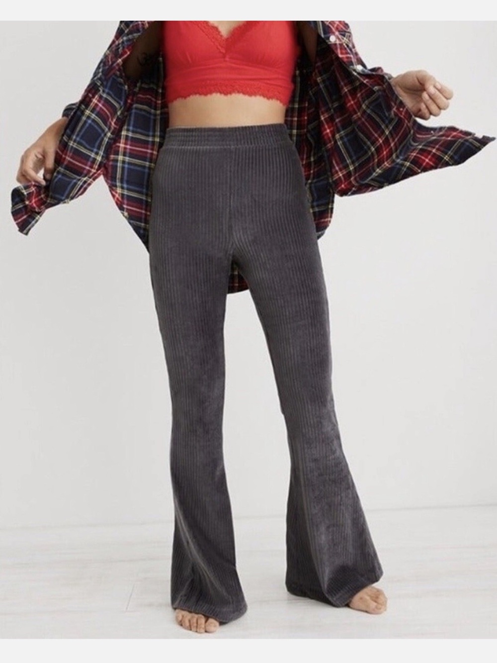 WOMEN Aerie Flared Ribbed High-Waist lounge Pants - grey